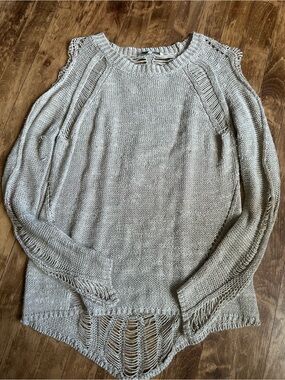 BKE Open-Knit Distressed Crewneck Sweater - Light Gray